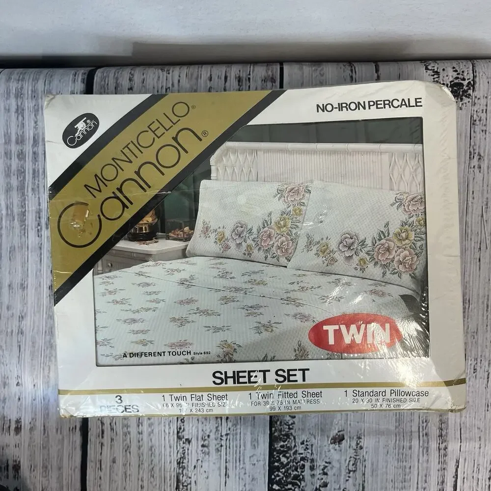 Vintage Monticello Cannon 3pc Twin Sheet Set Pillowcase Orange Yellow Floral 692